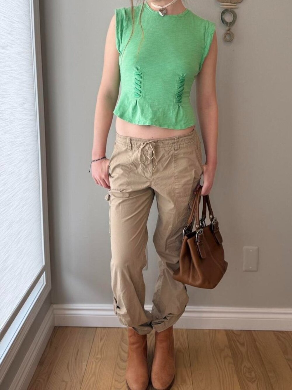y2k tan baggy roll up mid rise cotton cargo pants